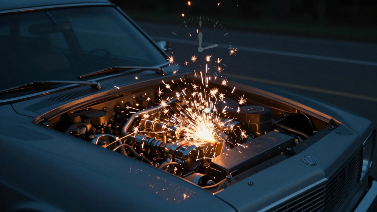 Transparent engine of a vintage car showing thousands of sparks flashing as it drives at night.