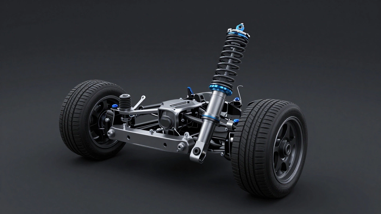 3D render of a car suspension system including strut, spring and control arm