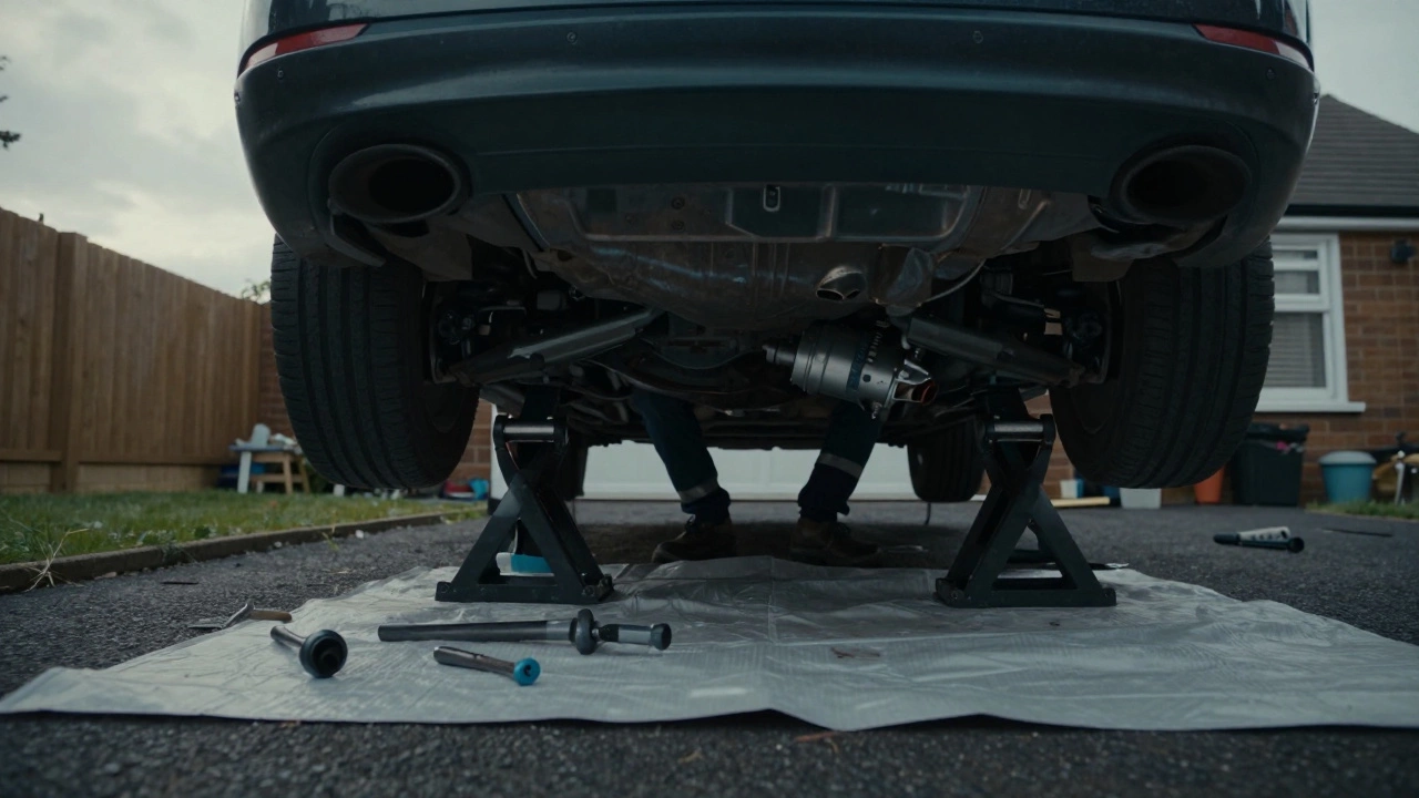 A car jacked up in a driveway with the fuel tank lowered for repair
