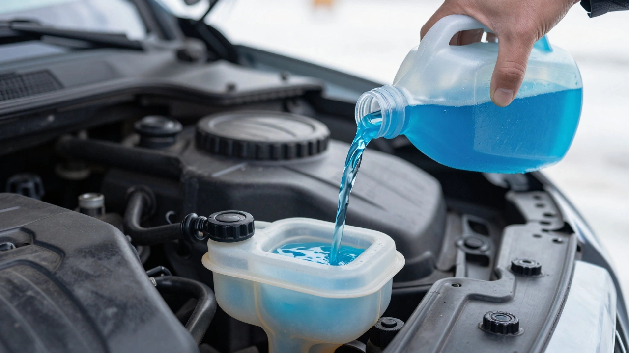 Blue screen wash fluid being poured into a car's reservoir during winter.