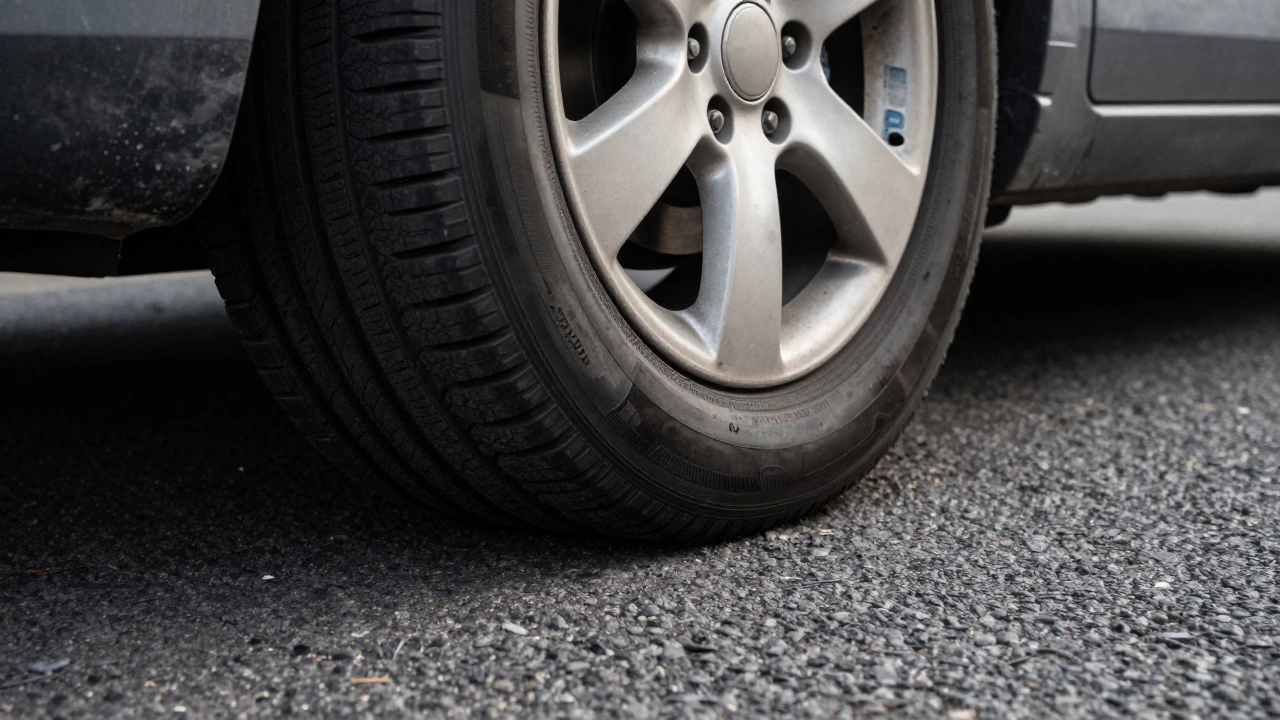 Close-up of a car tire lifting off the road surface during hard braking