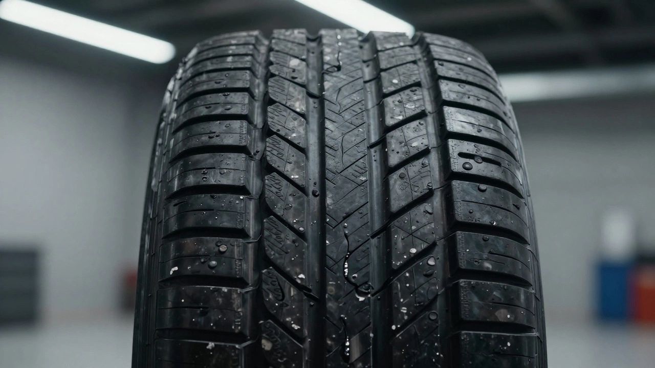 Close-up of a car tire showing cupping wear patterns on the tread
