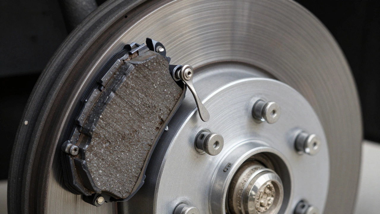 Close-up of a mechanical brake wear indicator tab touching a metal brake rotor