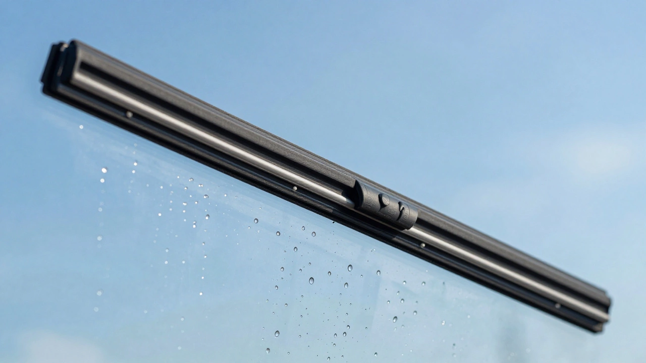 Close-up of a silicone wiper blade creating a clear path and water beads on a windshield