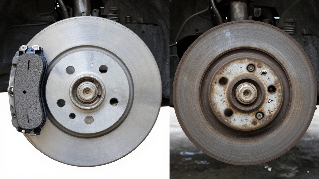 Comparison of a thick healthy brake pad and a worn-out metal-on-metal brake rotor