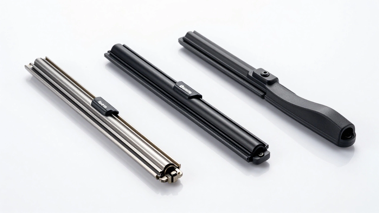 Comparison of conventional, beam, and hybrid wiper blade designs on a white background