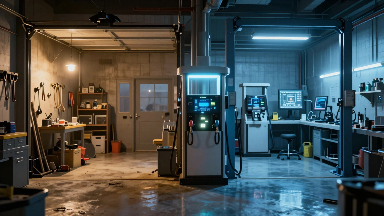 Conceptual split image comparing a home garage and a professional mechanic shop