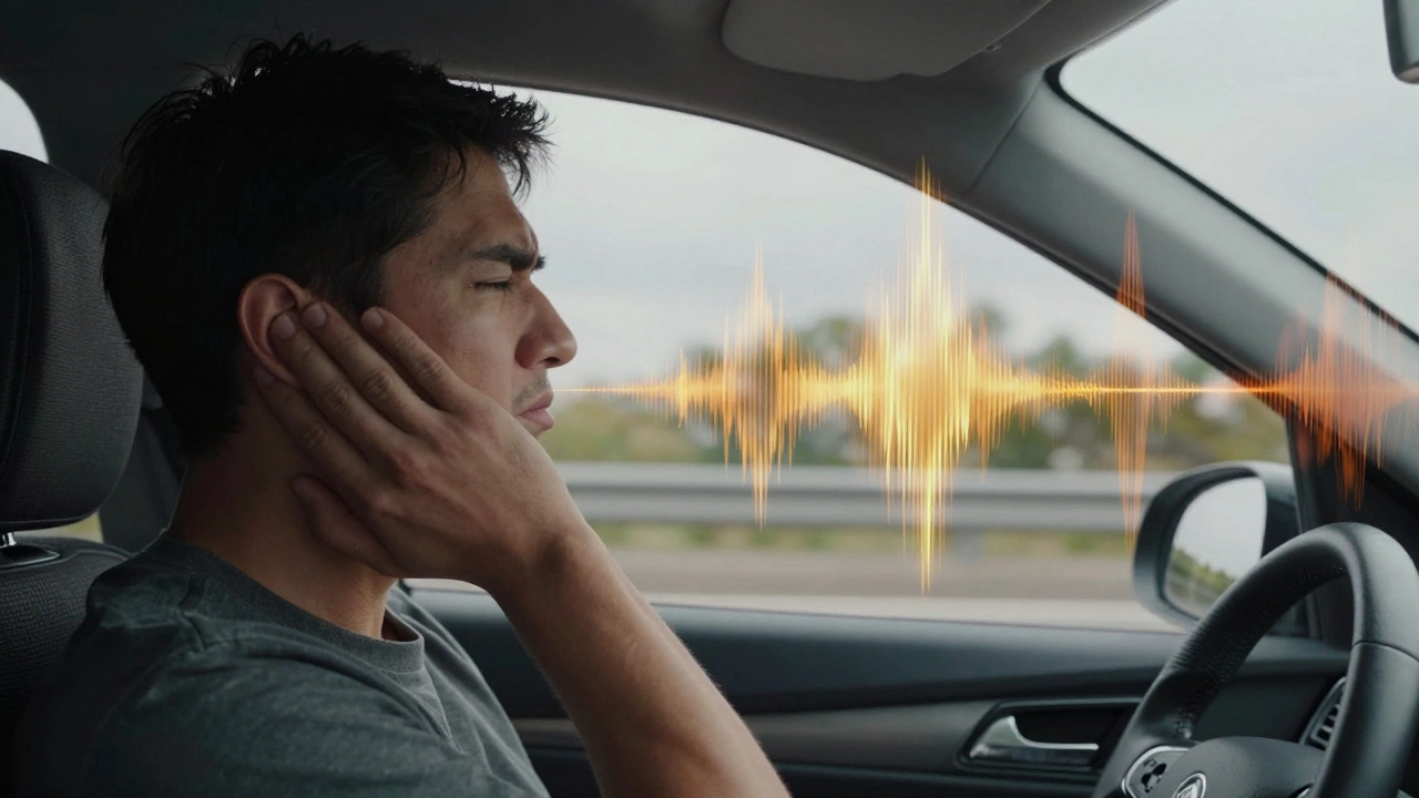 Driver feeling exhausted by loud vibrating sound waves in a car