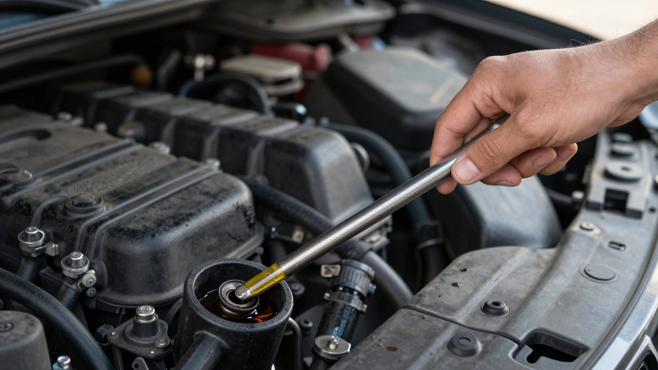 Hand holding a car dipstick showing the oil level is dangerously low