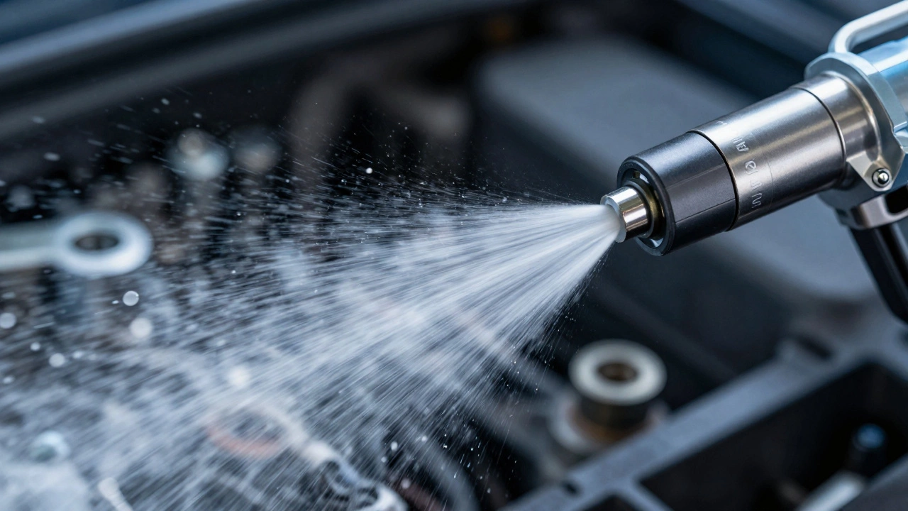 Macro photo of a fuel injector spraying a fine mist of fuel for combustion