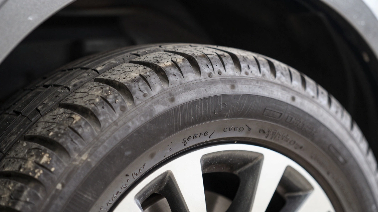 Macro view of uneven cupping wear on a car tire tread