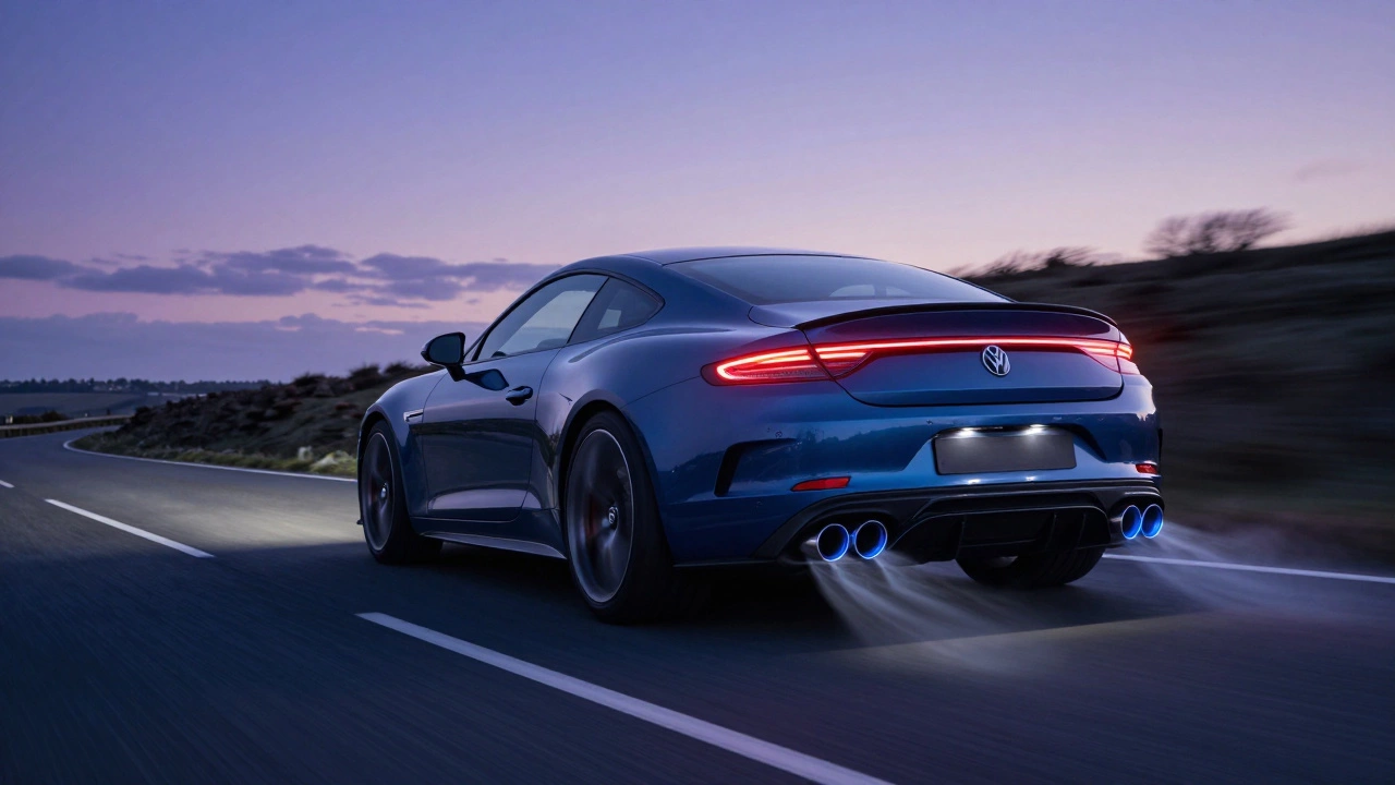 Rear view of a performance car on a winding road with titanium exhaust tips.