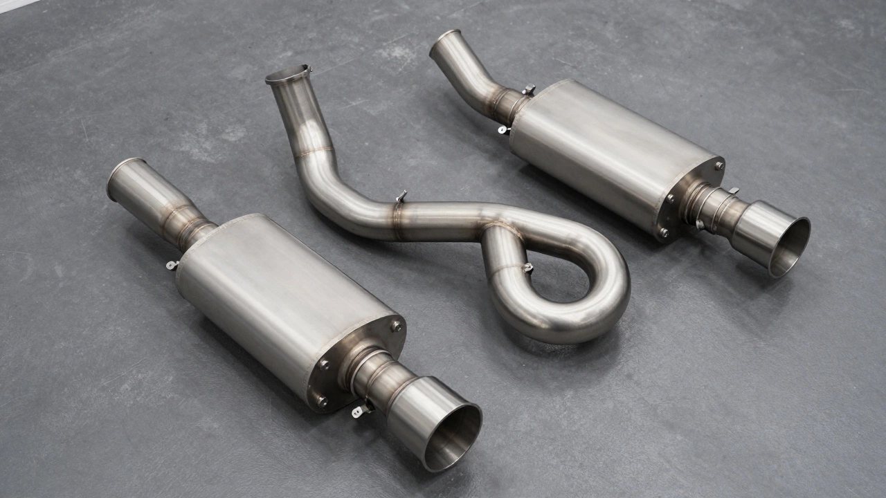 Stainless steel exhaust components including a cat-back system and resonator.