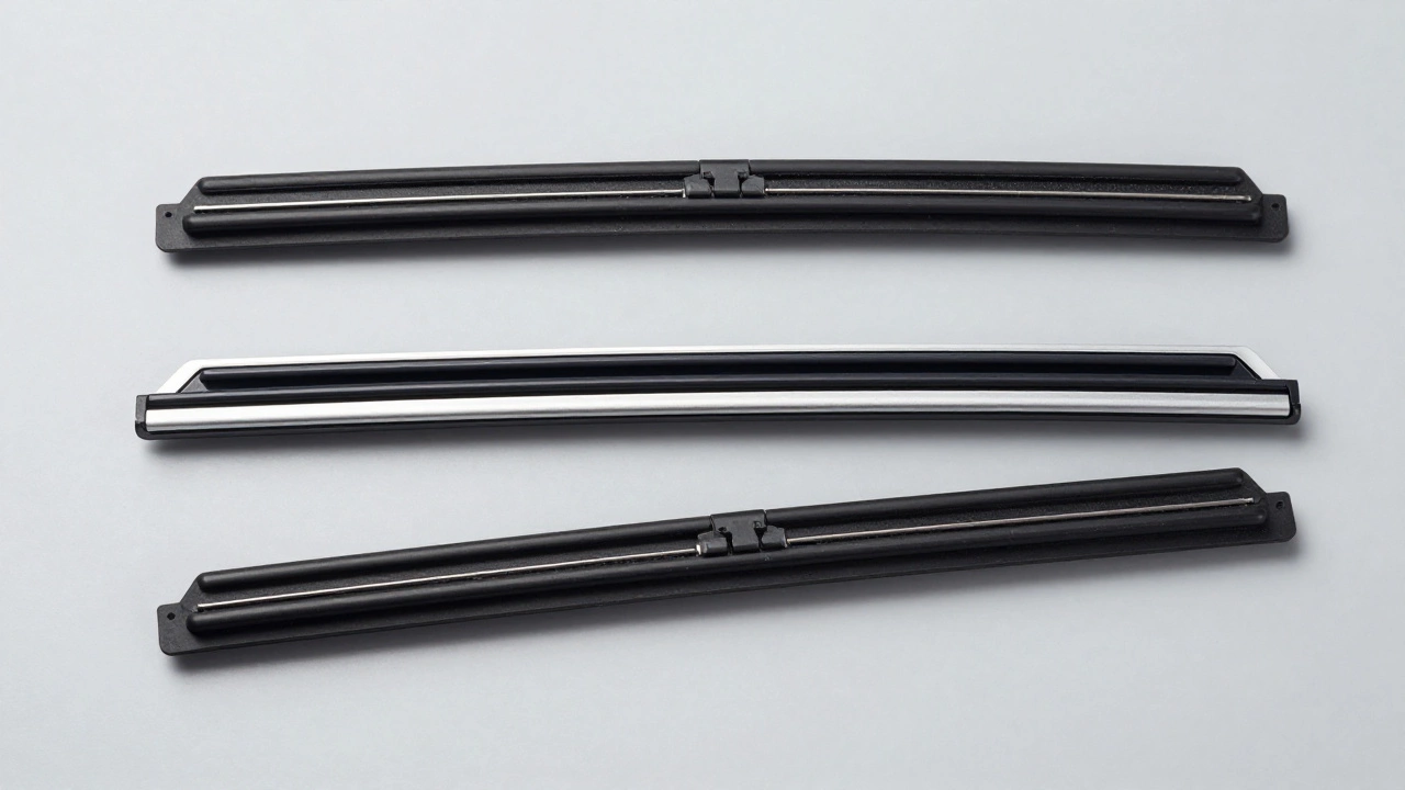 Three types of wiper blades: conventional, flat beam, and hybrid on a grey background.