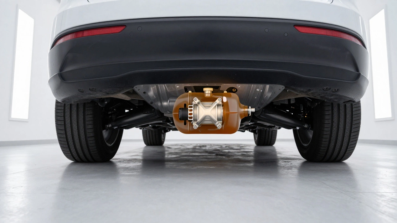 X-ray view of an electric fuel pump submerged inside a car's fuel tank in a garage