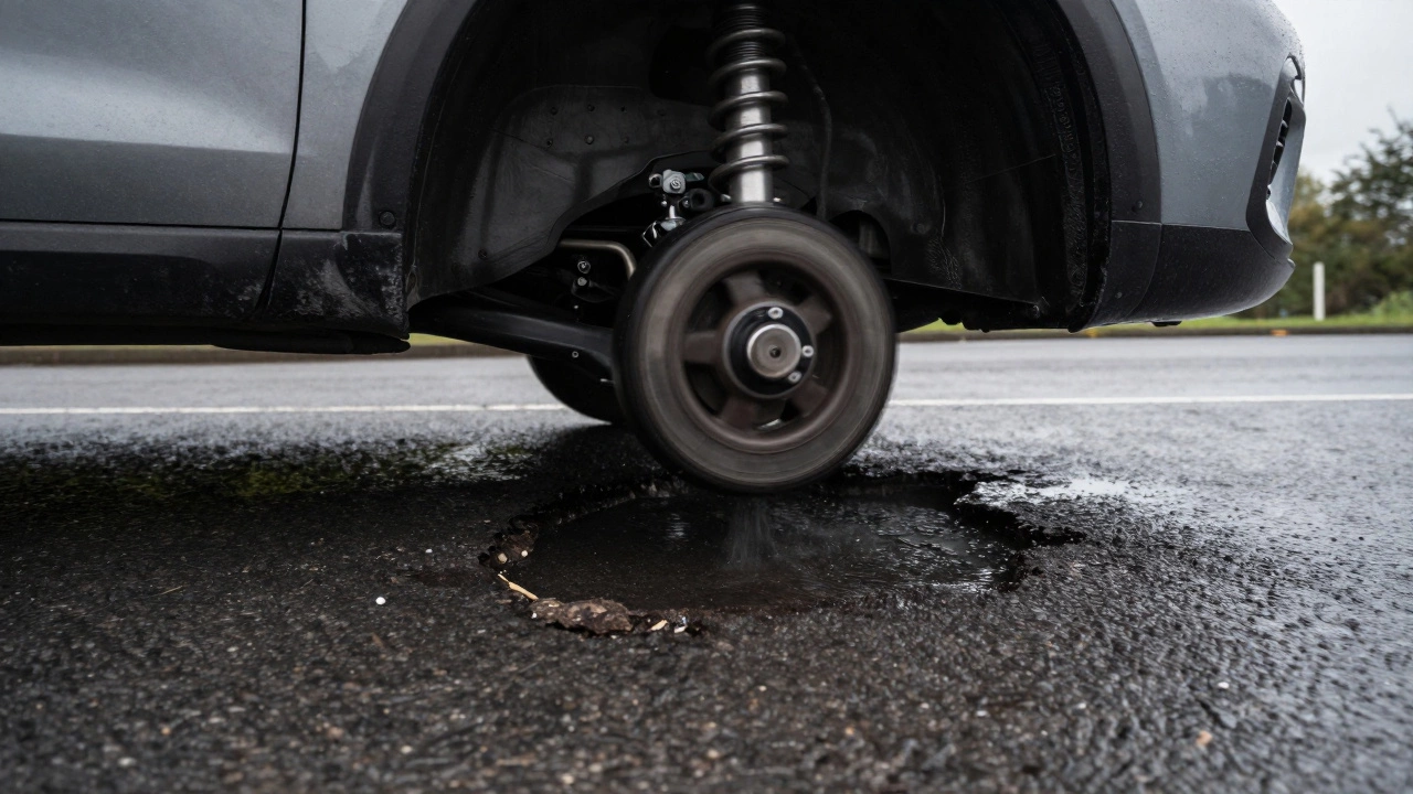 Car suspension compressing over a pothole on a wet road