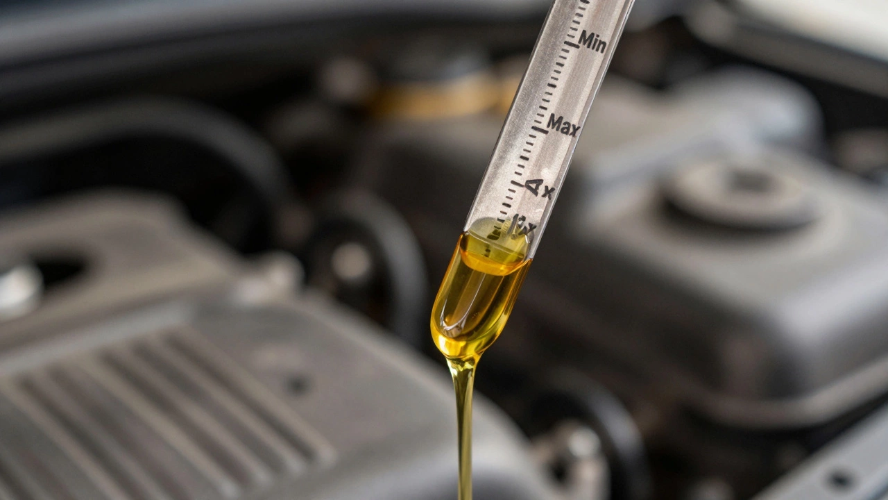 Close-up of dipstick showing optimal oil level