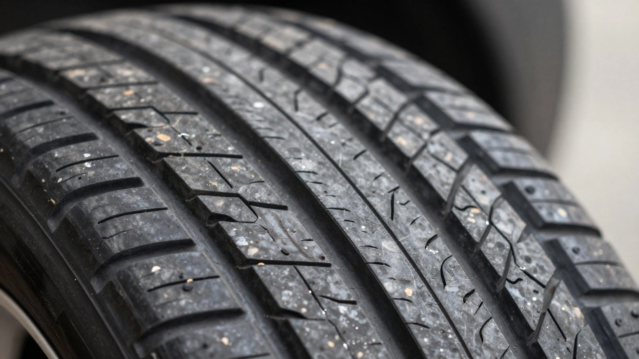Close up of tire tread showing cupping wear pattern