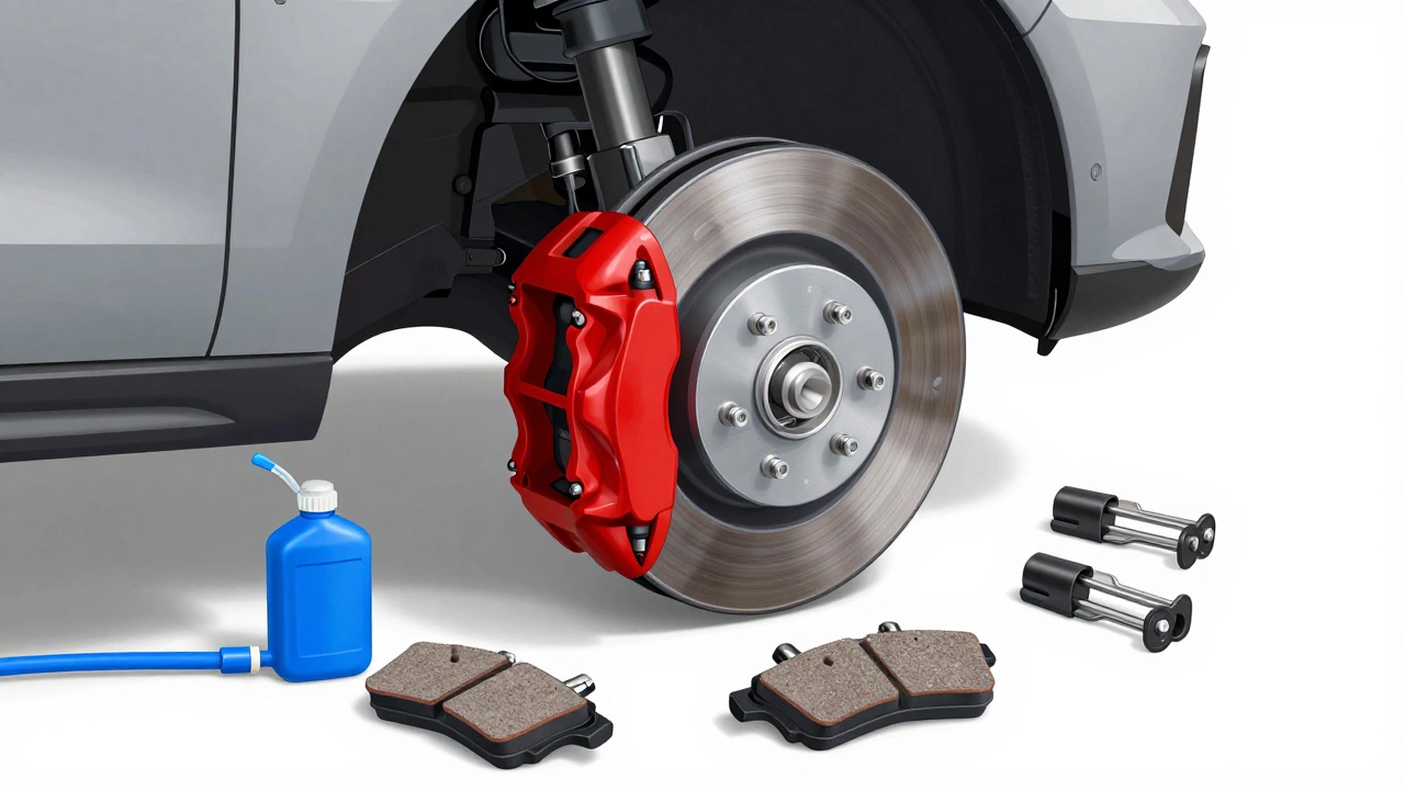 Cross-section diagram of brake caliper, pads, and fluid