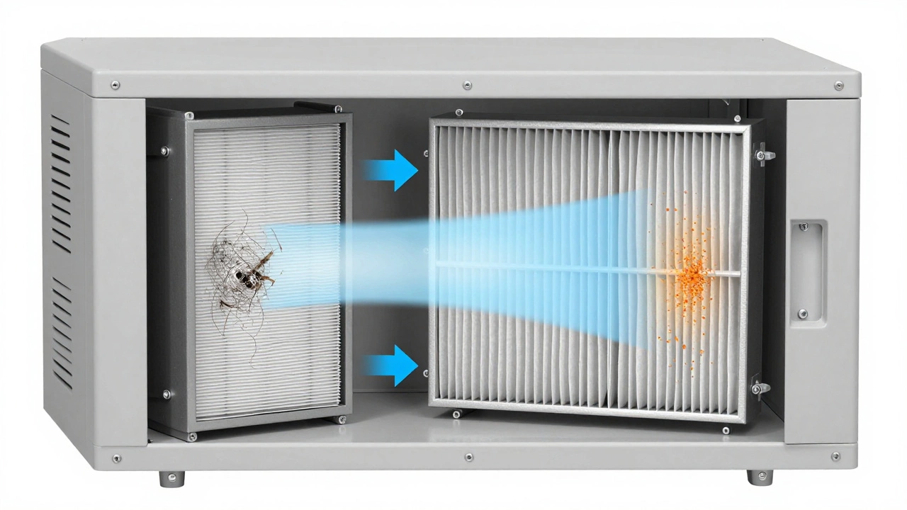 Cross-section diagram showing two-stage HVAC filtration system components