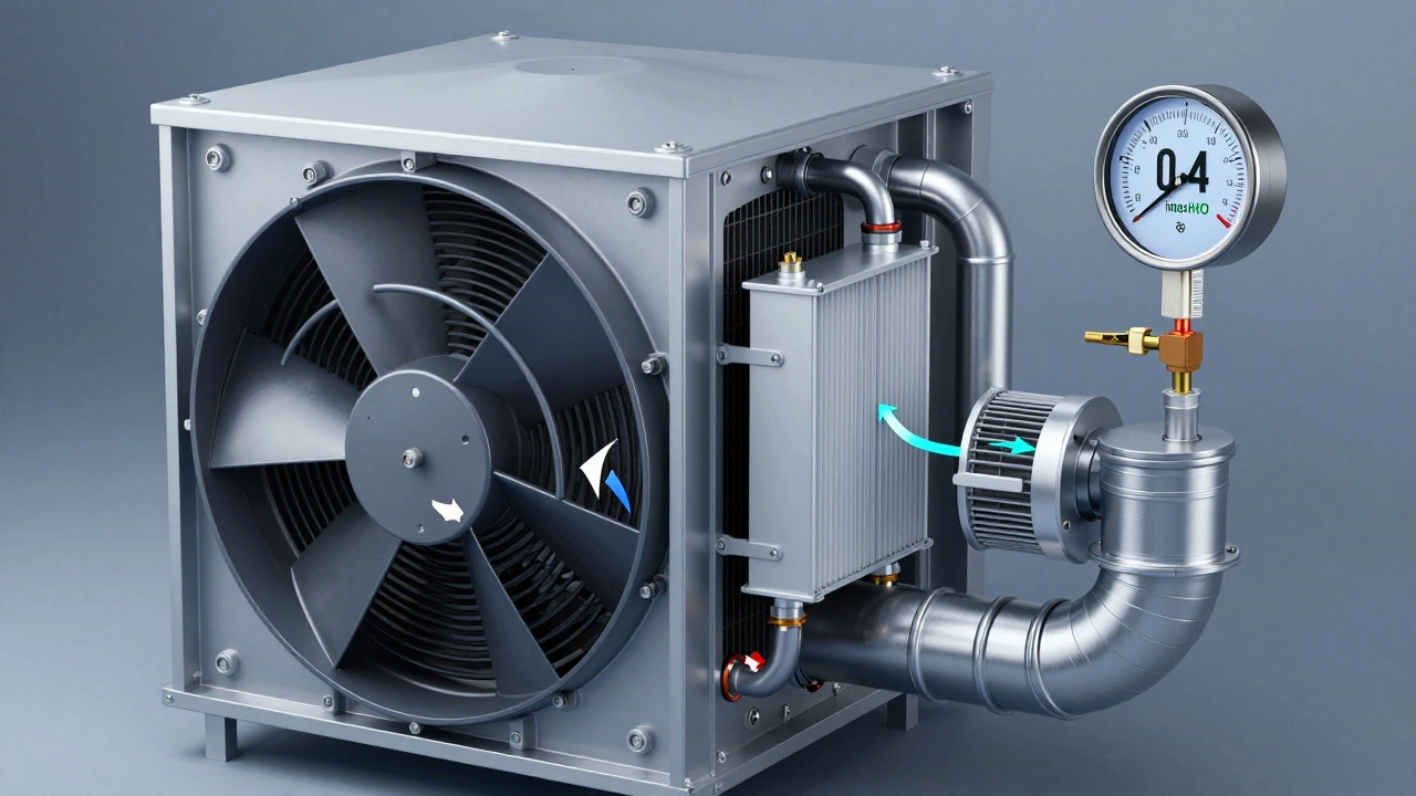 Cutaway diagram of HVAC system showing airflow and pressure gauge