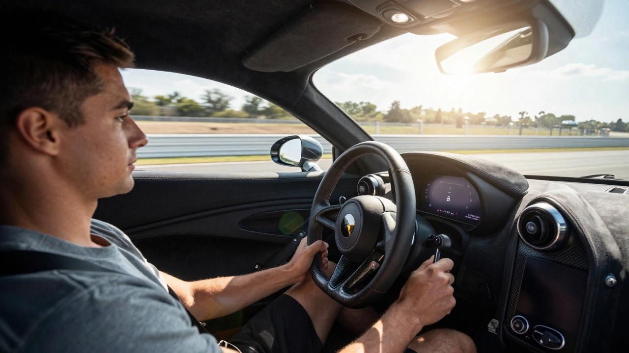 Driver foot on clutch pedal in sports car