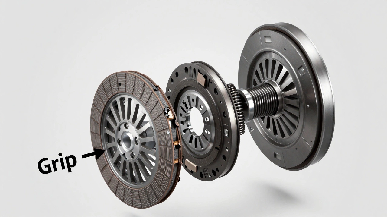 Exploded view of worn car clutch disc and pressure plate