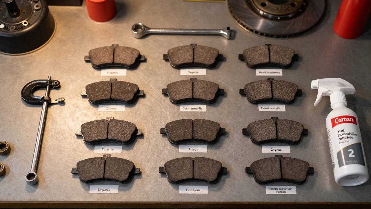 Mechanic bench with various brake pad types and tools