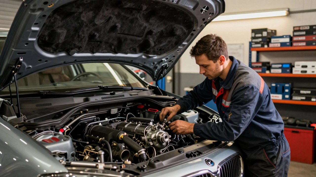 Mechanic installing a fuel pump in a luxury car garage