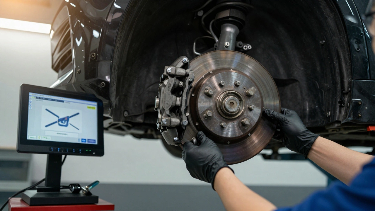 Mechanic installing brake pad with diagnostic tablet in background