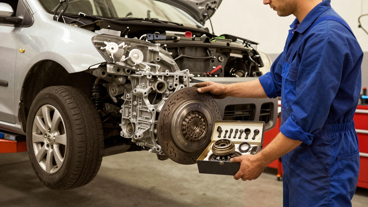 Mechanic replacing clutch kit in a car workshop