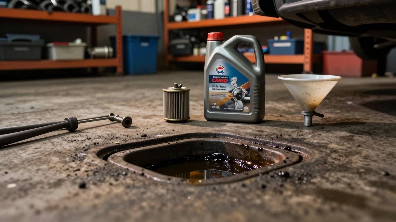 Mechanic workshop scene with oil drain pan and new filter ready for service