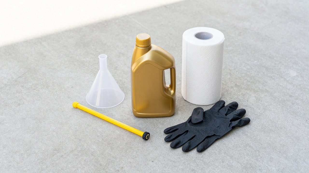 Motor oil bottle, funnel, and gloves on driveway