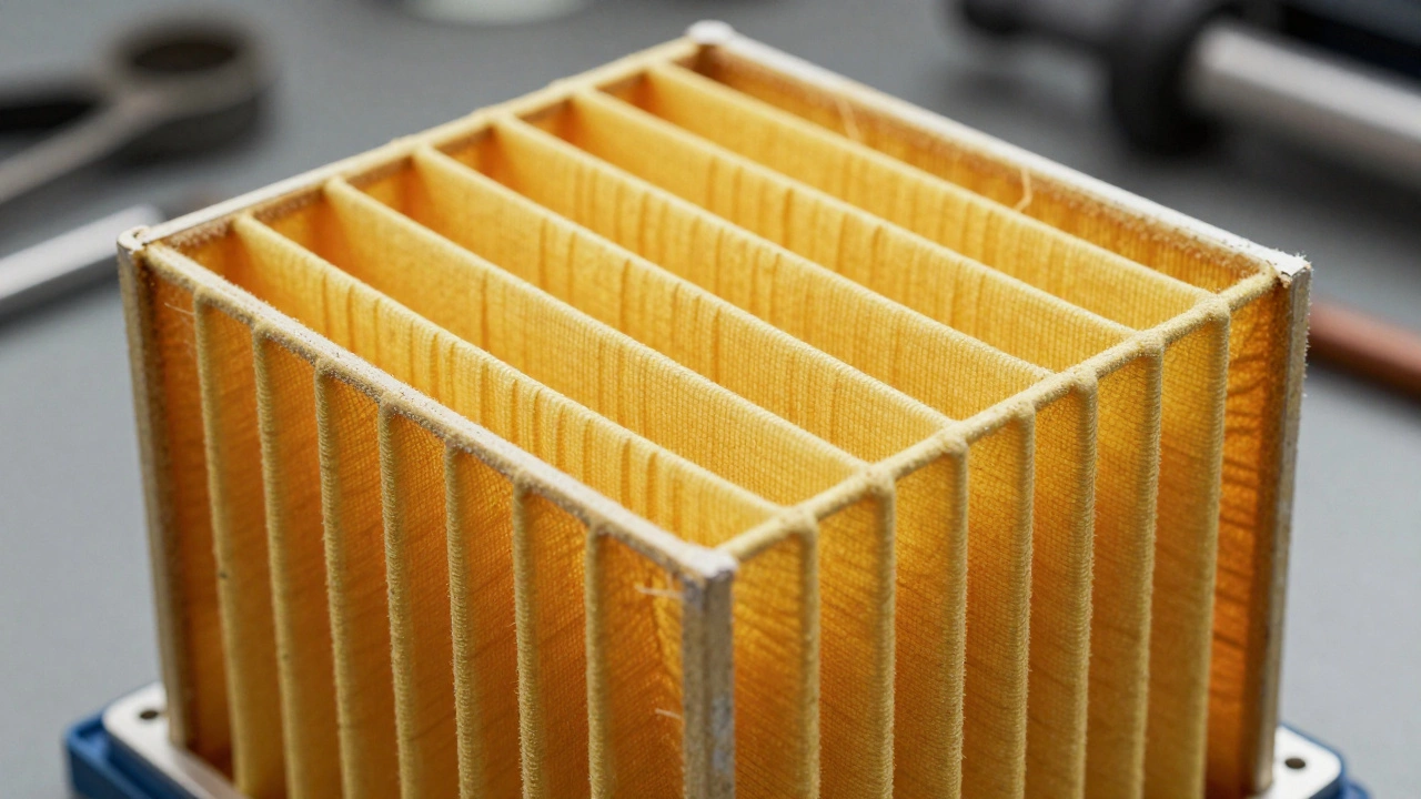 Orange pleated air filter showing detailed accordion folds for filtration.