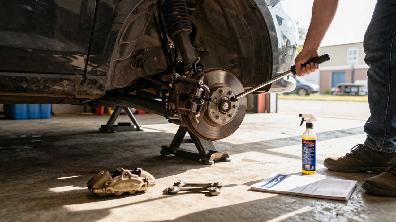 Person repairing car brakes with tools in home garage