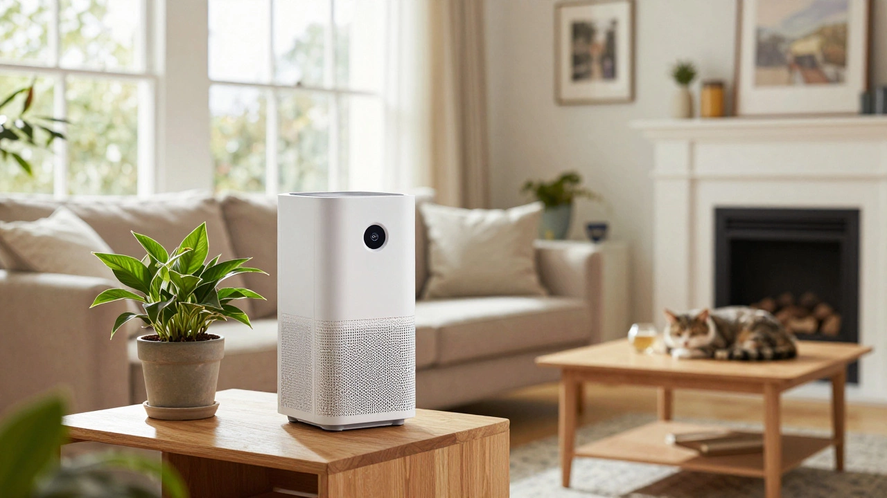 Portable HEPA air purifier in a cozy living room with a sleeping cat