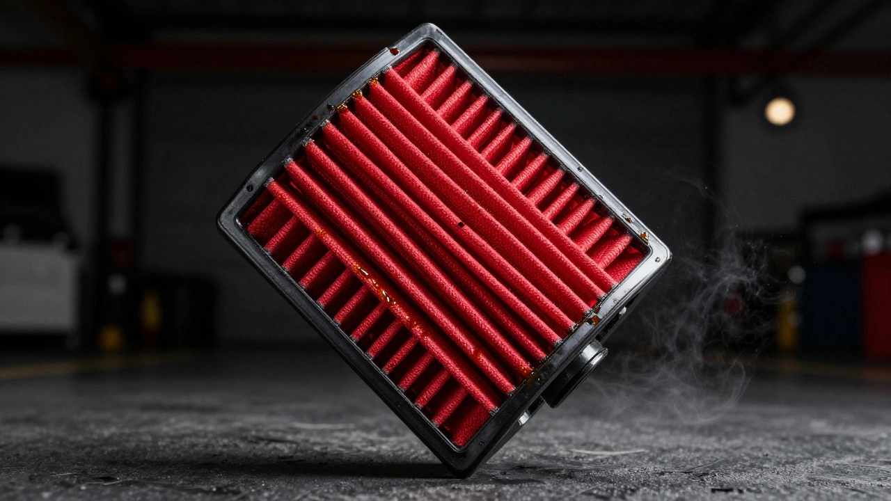 Red oiled performance air filter with mesh texture in a garage setting.