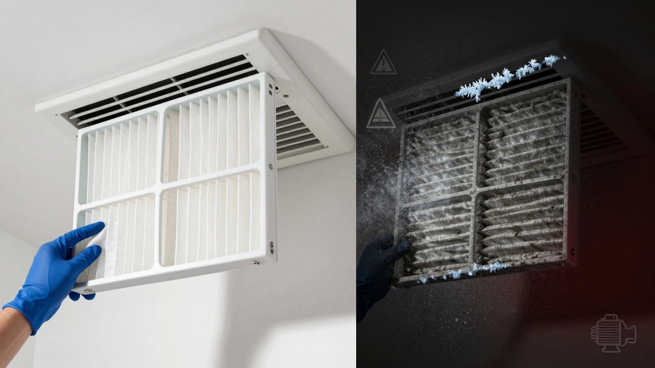 Split image comparing fresh filter installation vs clogged filter risks