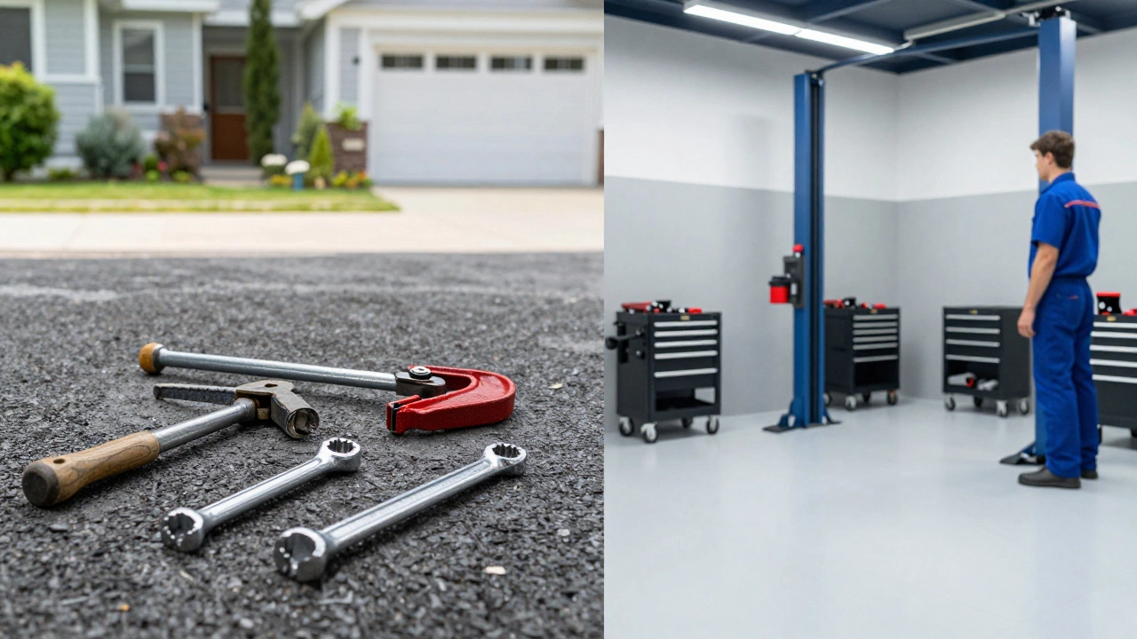 Split view comparing home DIY tools vs professional garage setup