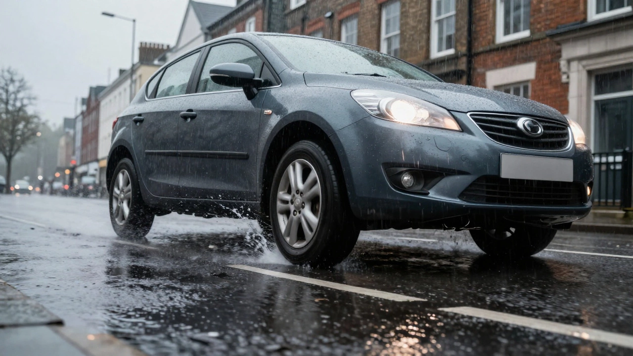 Car hitting a pothole on a wet UK road, showing suspension stress and nose dive