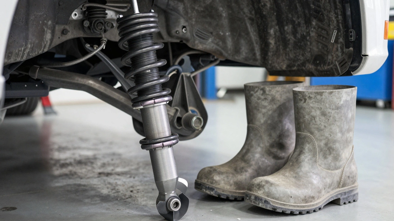 Car suspension springs next to concrete boots metaphor