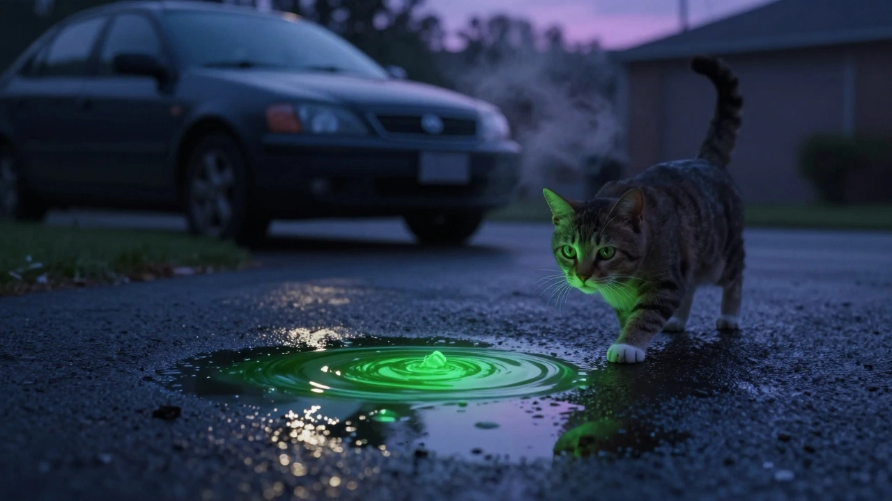 Cat approaching a puddle of green antifreeze on a driveway at dusk