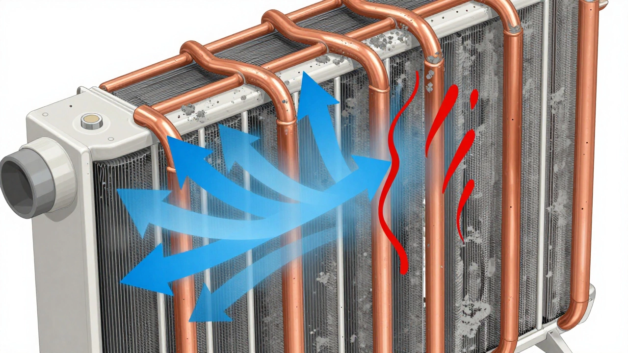 Cross-section of dirty AC coils blocking airflow and heat exchange