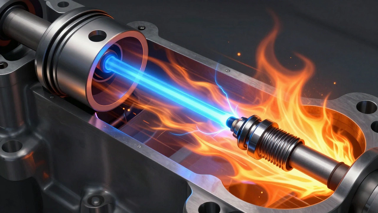 Cross-section of engine cylinder showing spark ignition