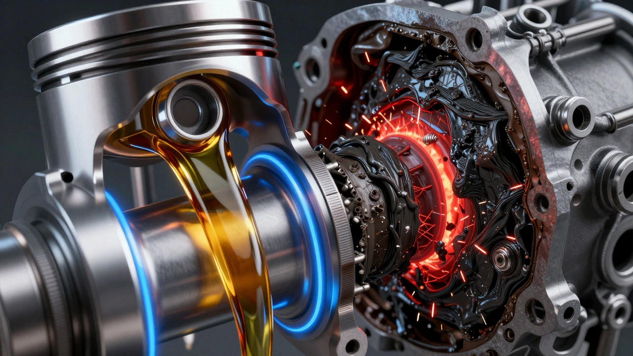 Cross-section of engine showing fresh oil vs sludge damage