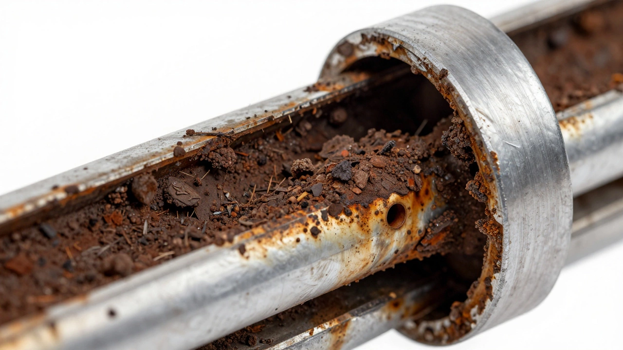 Cross-section of radiator tubes clogged with rusty sludge