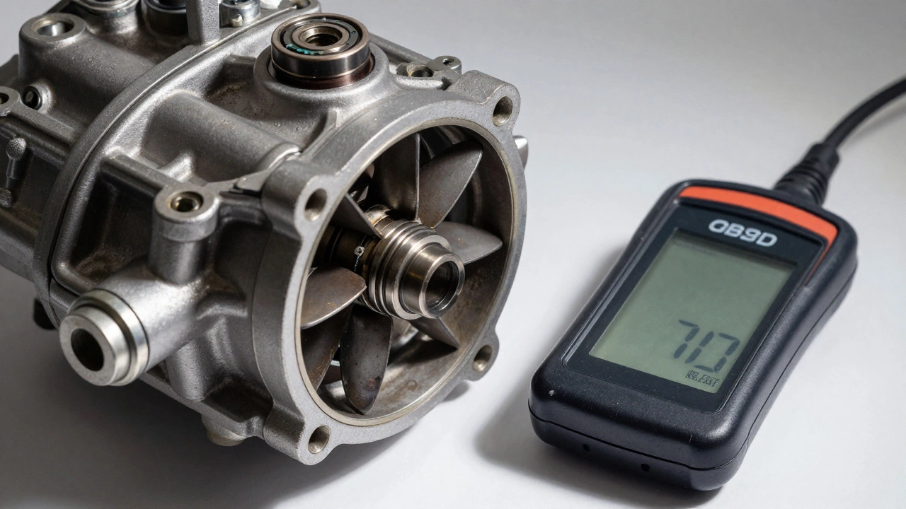 Cutaway of fuel pump showing worn parts next to diagnostic scanner
