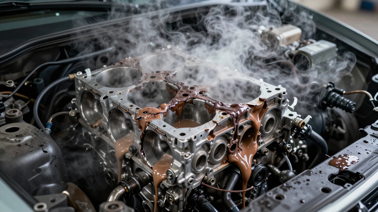 Damaged car engine with warped head and milky oil-coolant mixture