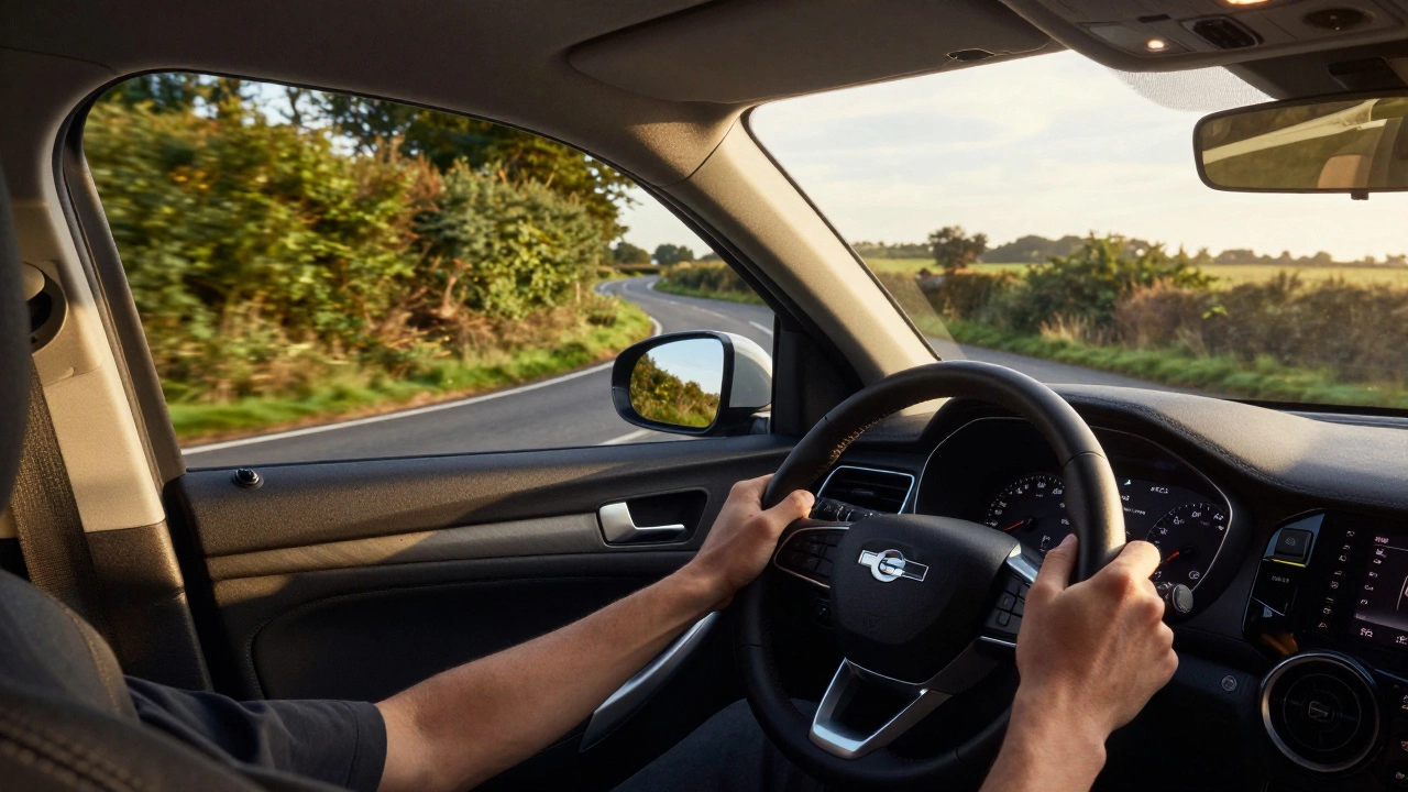 Driver's perspective on winding UK road with steering wheel