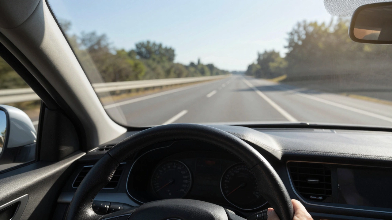 Driver's view of a crooked steering wheel while car drifts on a straight road.